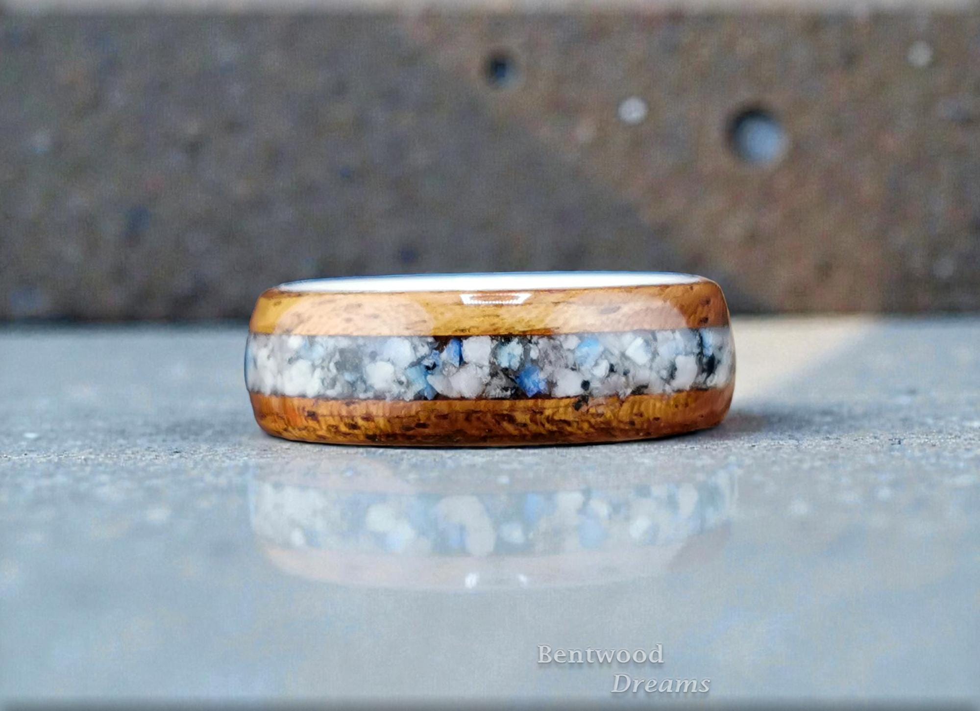 Bentwood Ring: Etimoe, inlaid Blueberry Jasper, White Ceramic Core, Quick Ship