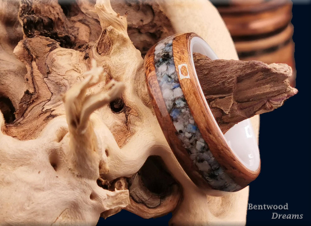 Bentwood Ring: Etimoe, inlaid Blueberry Jasper, White Ceramic Core, wood ring