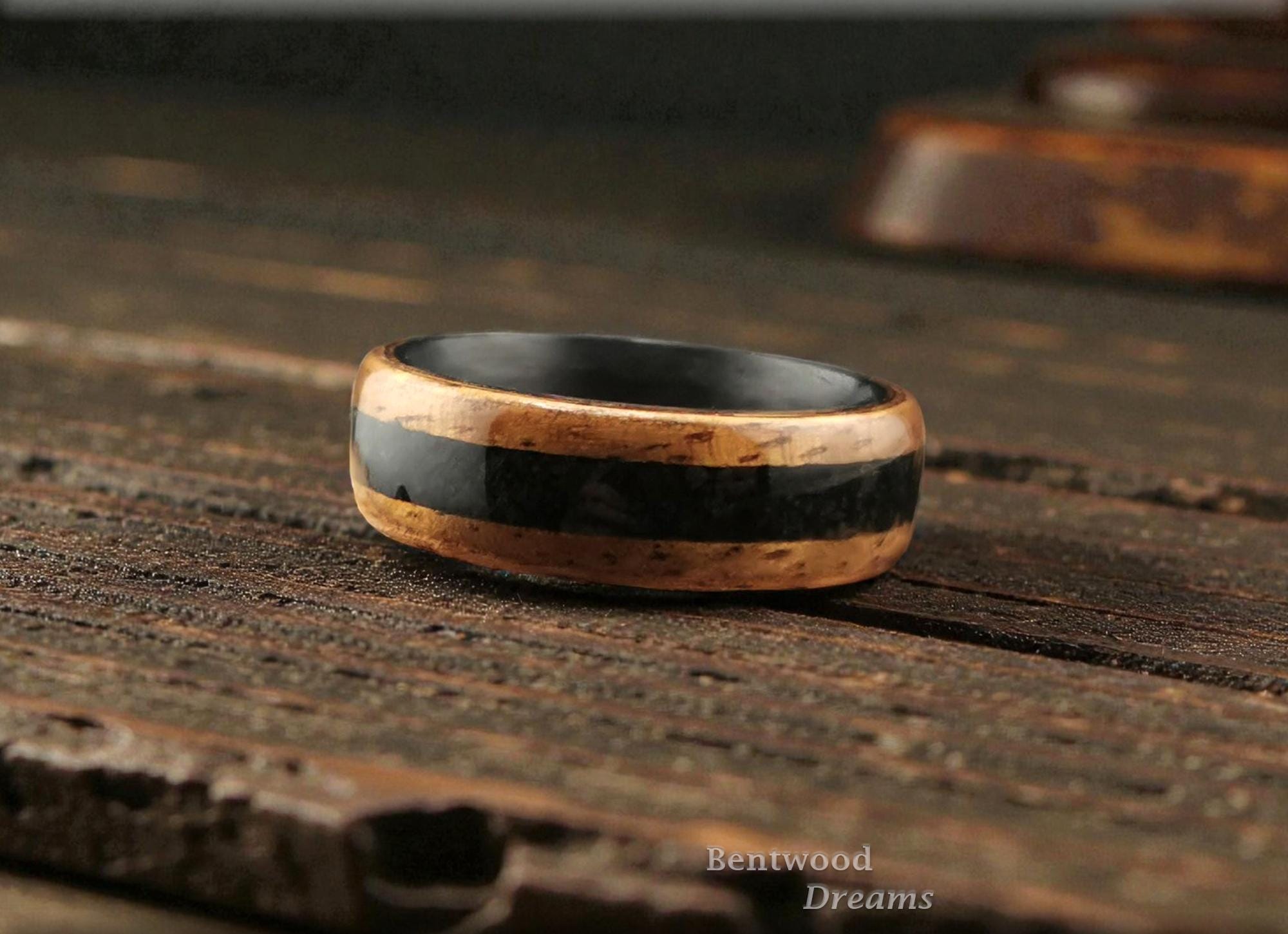 Bentwood Ring: Hawaiian Golden Koa, inlaid Icelandic Lava, Carbon Fiber core, wood ring