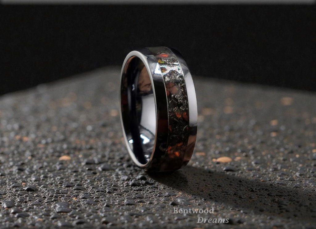Black Titanium Ring, Campo del Cielo Meteorite and Lab Opal Inlay