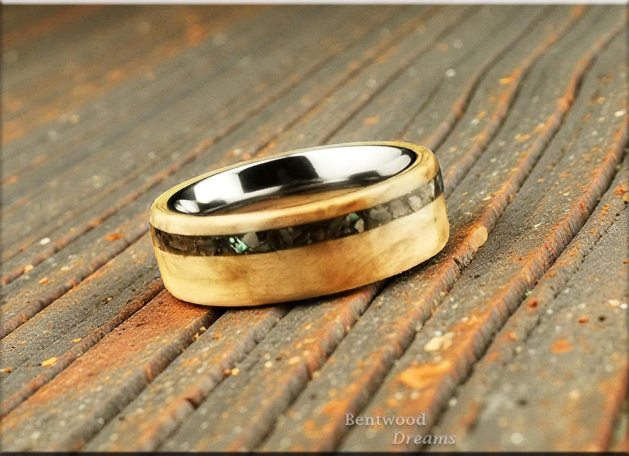 Bentwood Ring: Karelian Birch, inlaid Abalone Shell, Polished Titanium core, wood ring