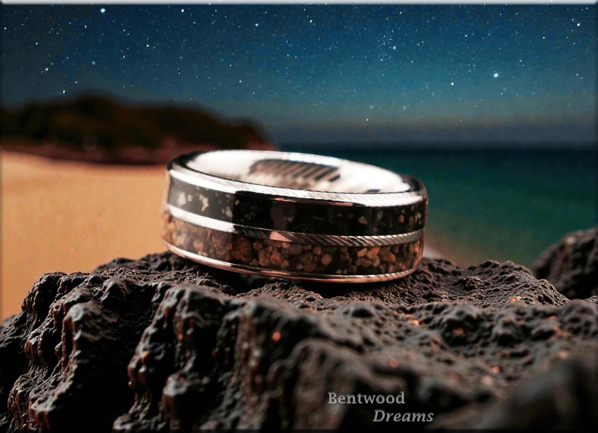 Damascus Steel Ring, dual inlaid Exotic Sands, metal ring