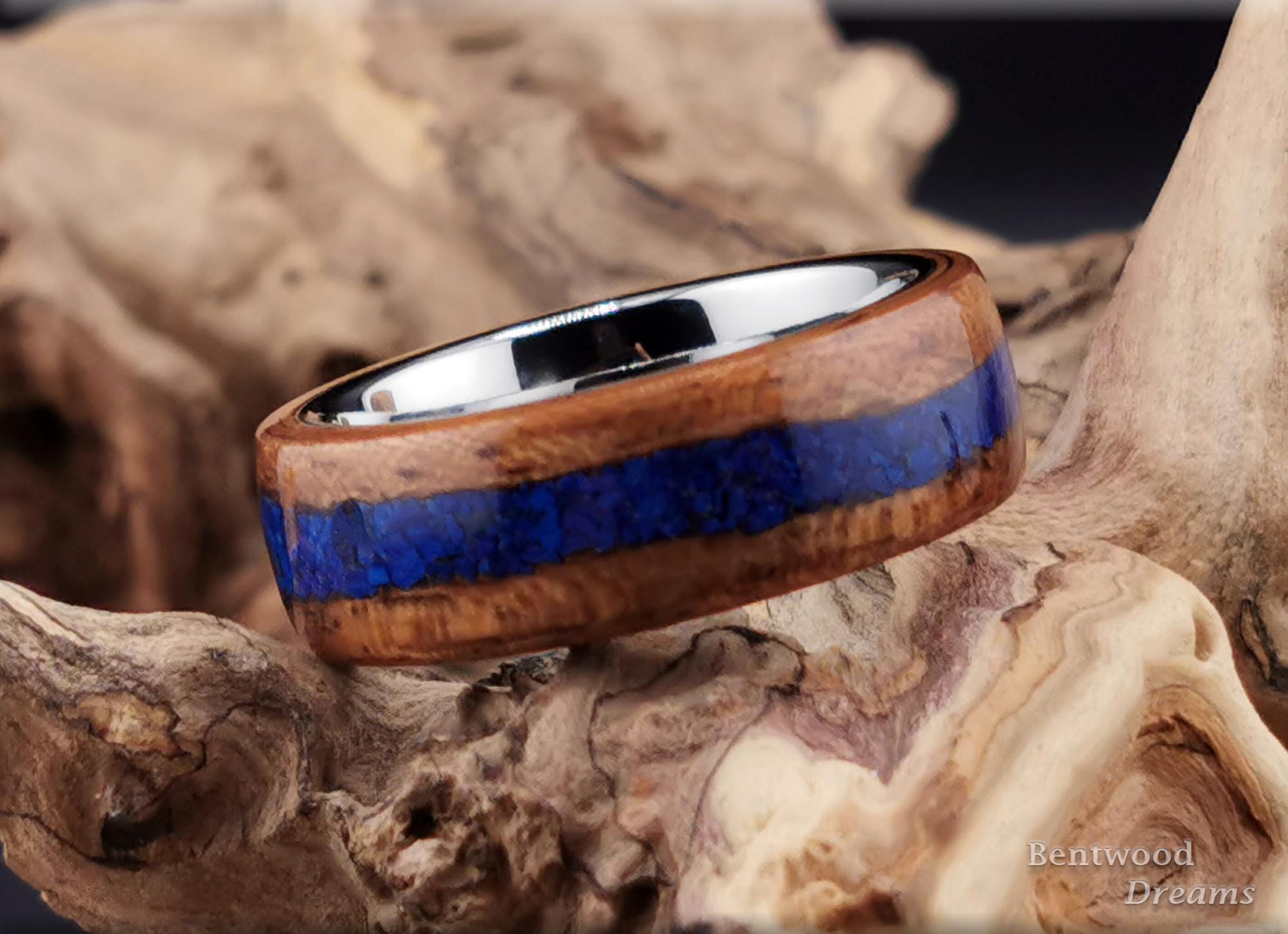 Bentwood Ring: Etimoe, inlaid Azurite, Tungsten Carbide core, 'Azurite Creek'