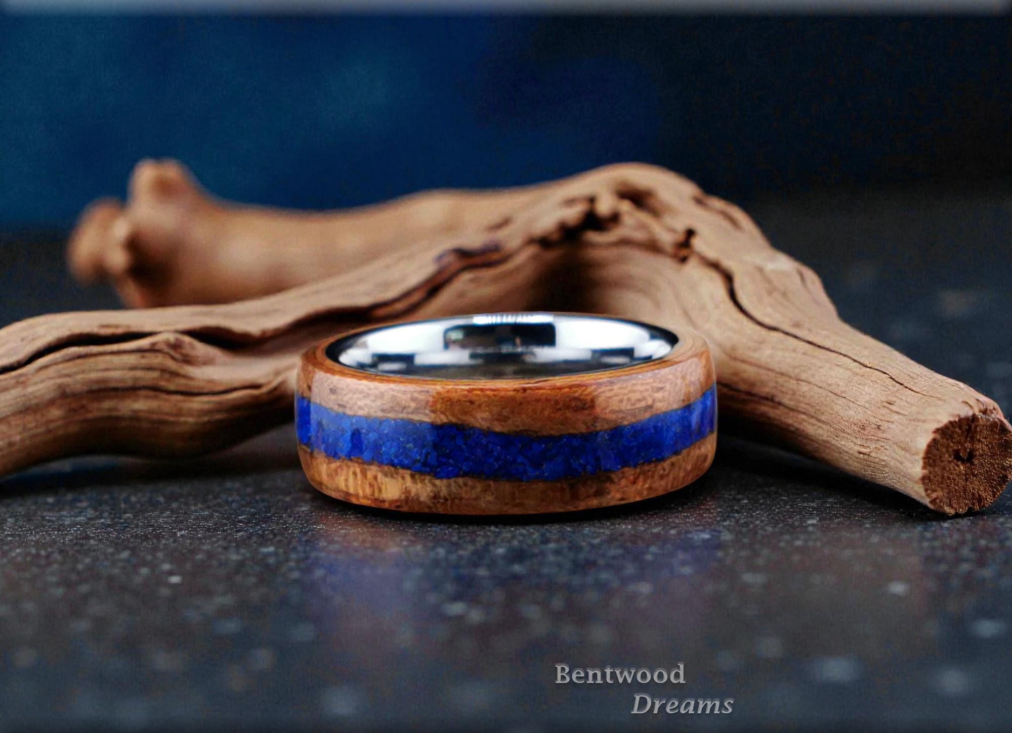 Bentwood Ring: Etimoe, inlaid Azurite, Tungsten Carbide core, 'Azurite Creek'