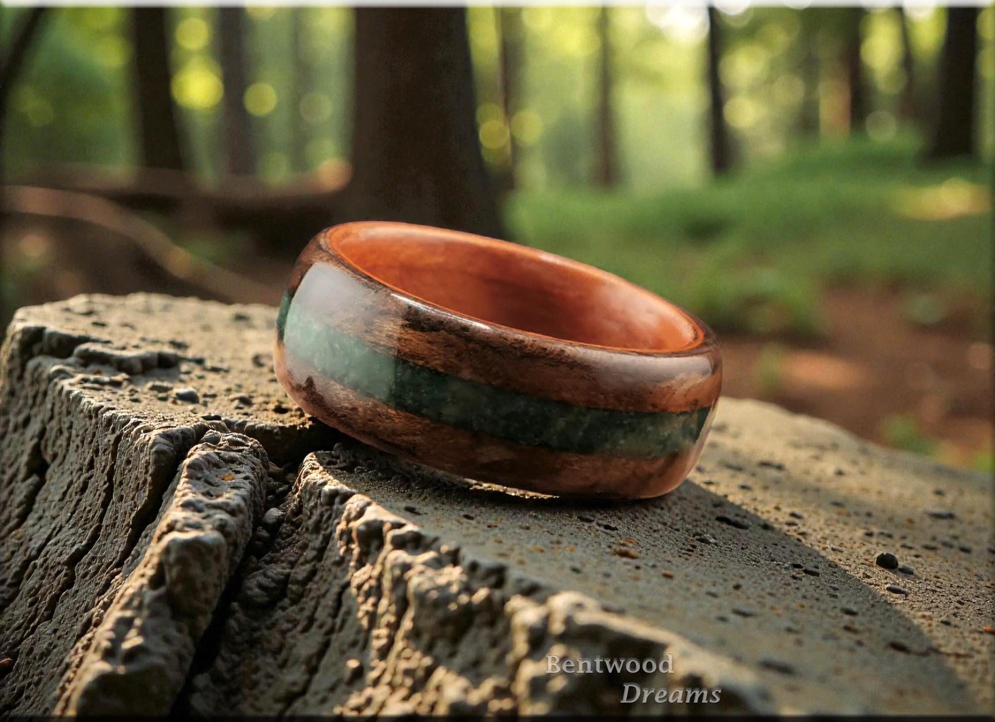 Claro Walnut Burl Bentwood Ring: Buddstone Inlay, Plum Wood Core