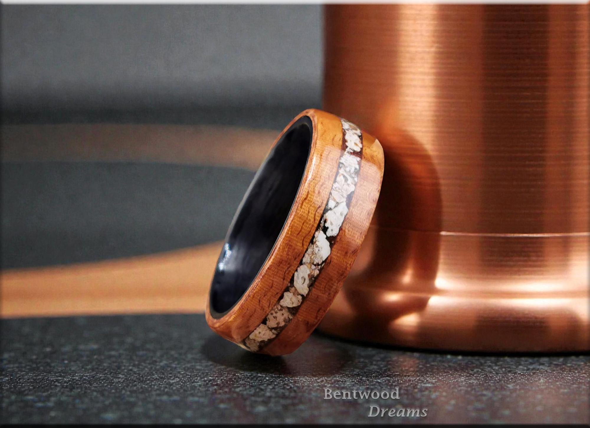 Bentwood Ring: Fiddleback Kotibe, inlaid Plesiosaurus Bone, Carbon Fiber core, Quick Ship