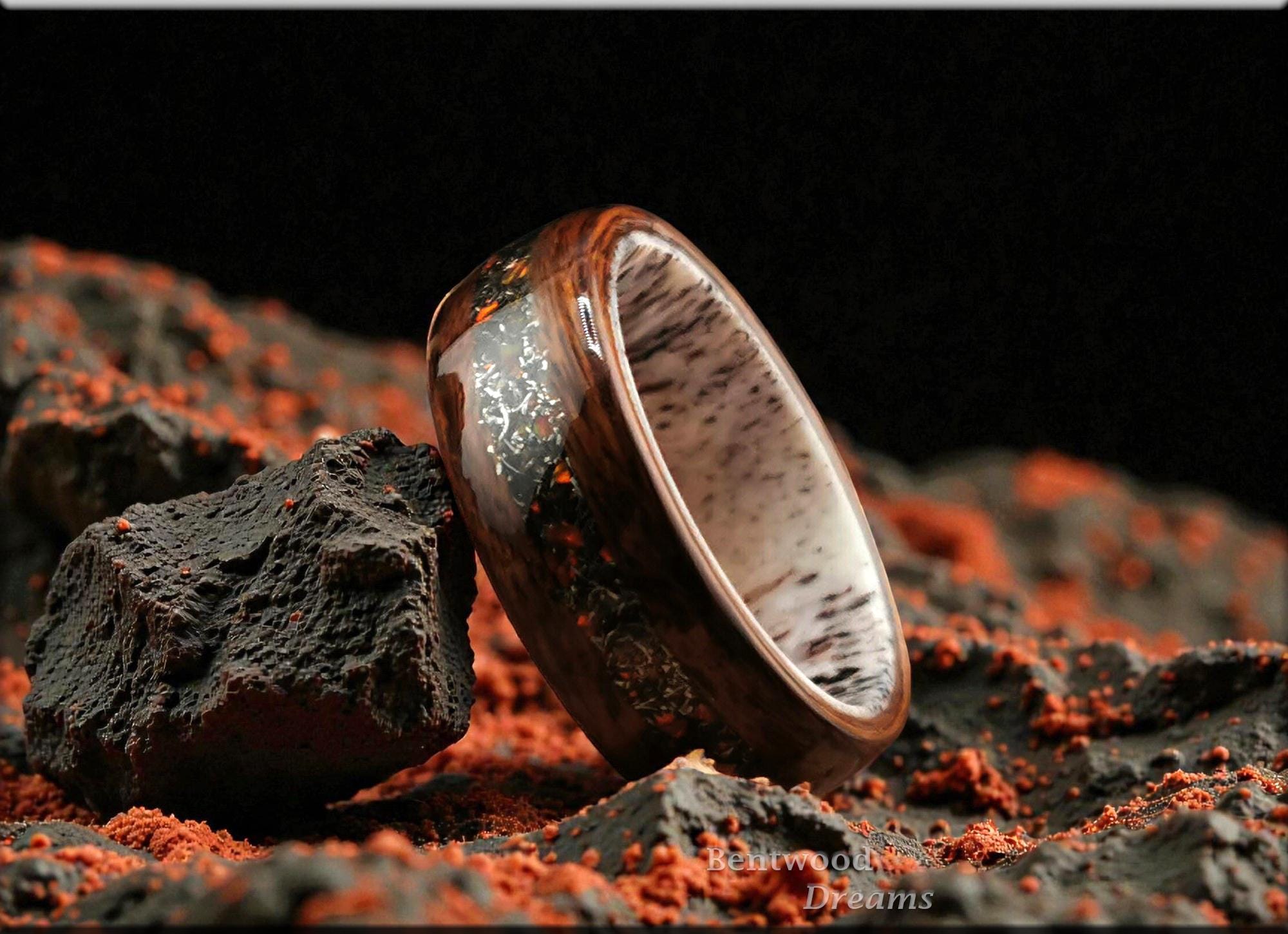 Bentwood Ring: Santos Rosewood, inlaid Seymchan Meteorite and Cultured Opal, Deer Antler core