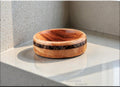 Bentwood Ring: Rare Myrtle Burl, offset inlaid Impactite, Olivewood core