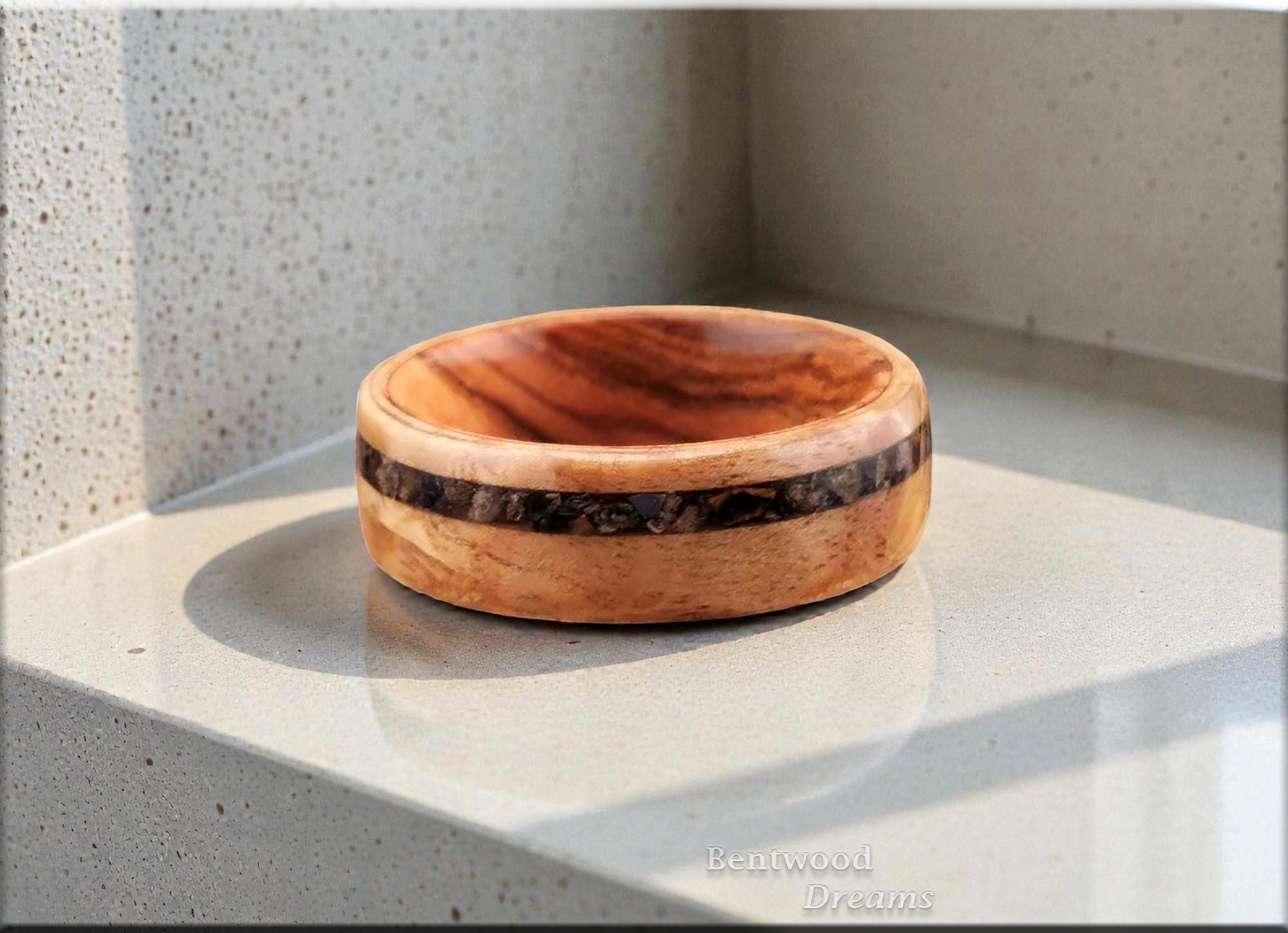 Bentwood Ring: Rare Myrtle Burl, offset inlaid Impactite, Olivewood core, Quick Ship