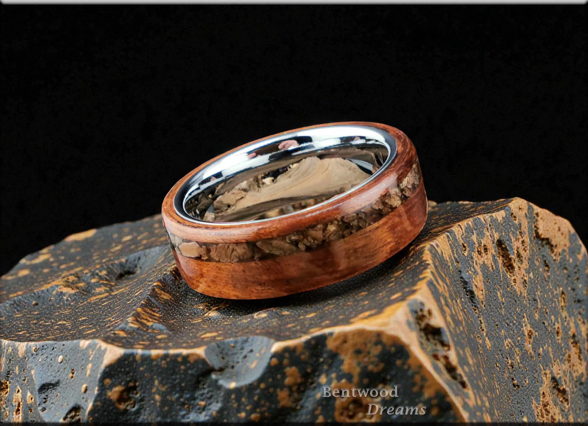 Bentwood Ring: Goncalo Alves, Velociraptor Bone, Polished Tungsten Carbide core