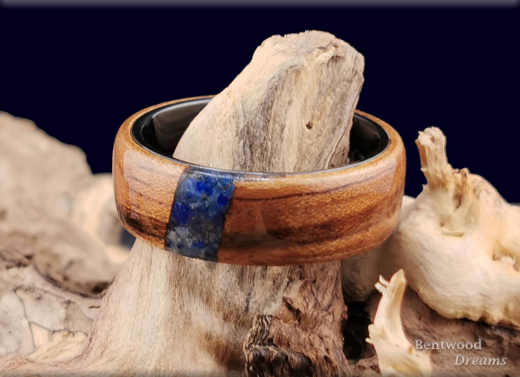 Bentwood Ring: Tiger Etimoe, crosscut inlaid Afghanite, Black Ceramic Core, wood ring