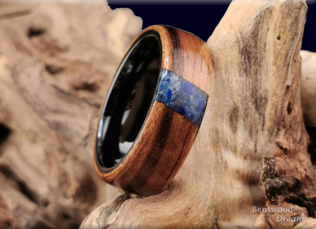 Bentwood Ring: Tiger Etimoe, crosscut inlaid Afghanite, Black Ceramic Core, wood ring