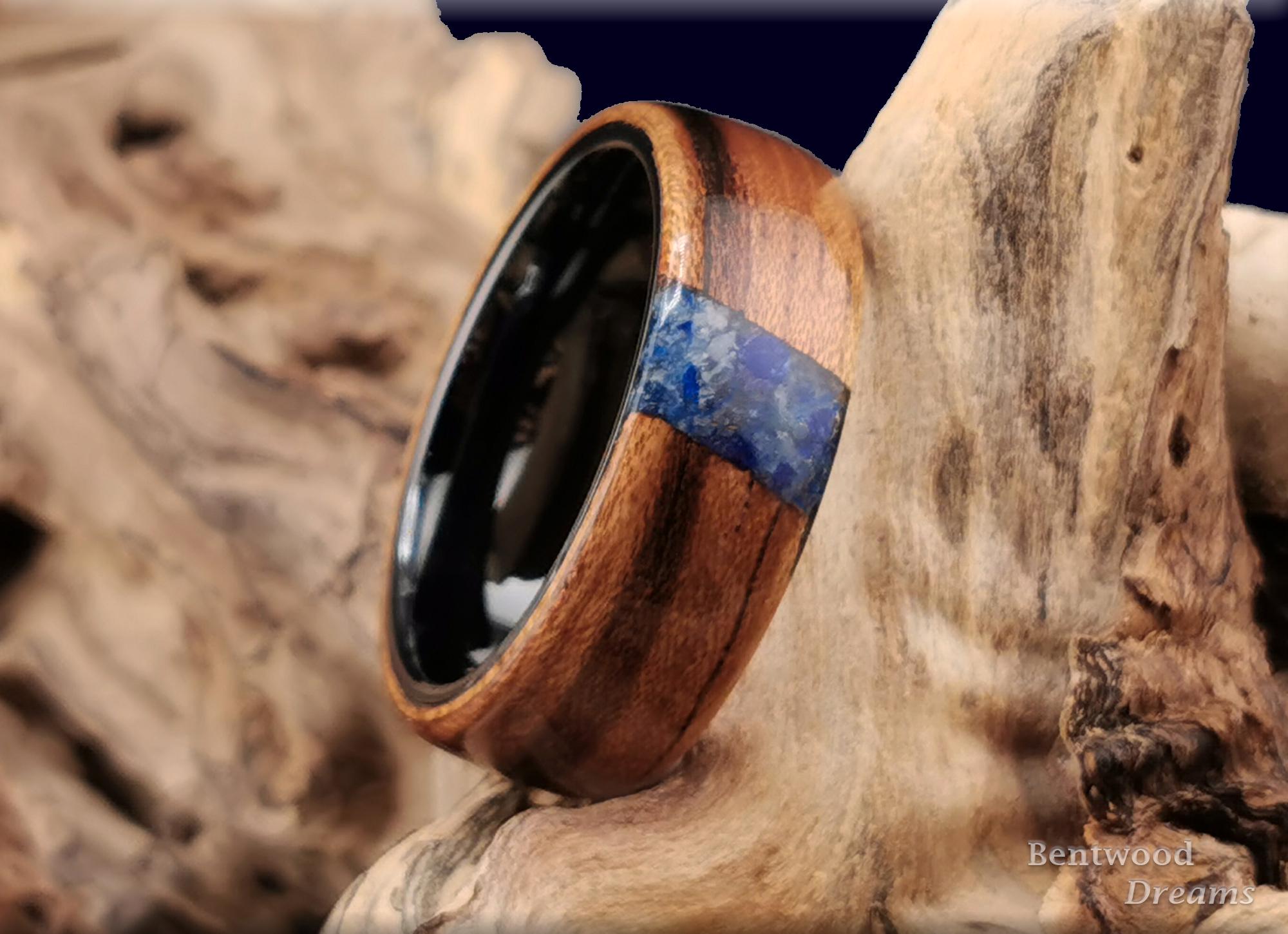 Bentwood Ring: Tiger Etimoe, crosscut inlaid Afghanite, Black Ceramic Core, wood ring
