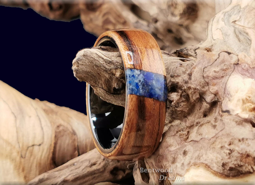 Bentwood Ring: Tiger Etimoe, crosscut inlaid Afghanite, Black Ceramic Core, wood ring
