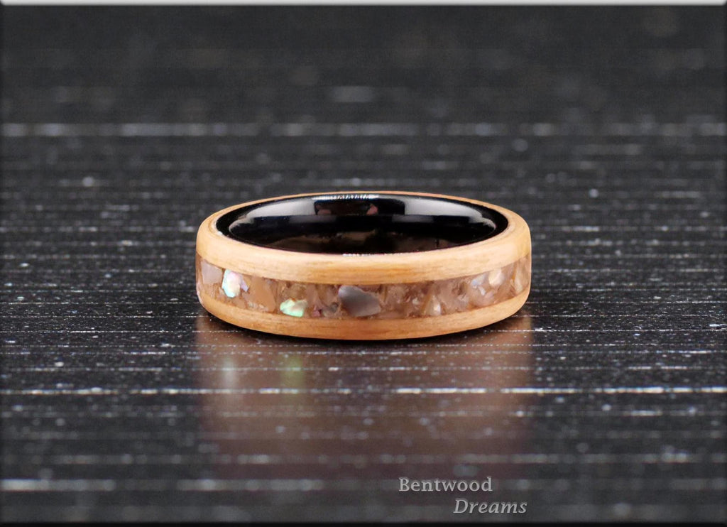 Bentwood Ring: Swiss Aspen, inlaid Silver Abalone, Polished Black Ceramic core