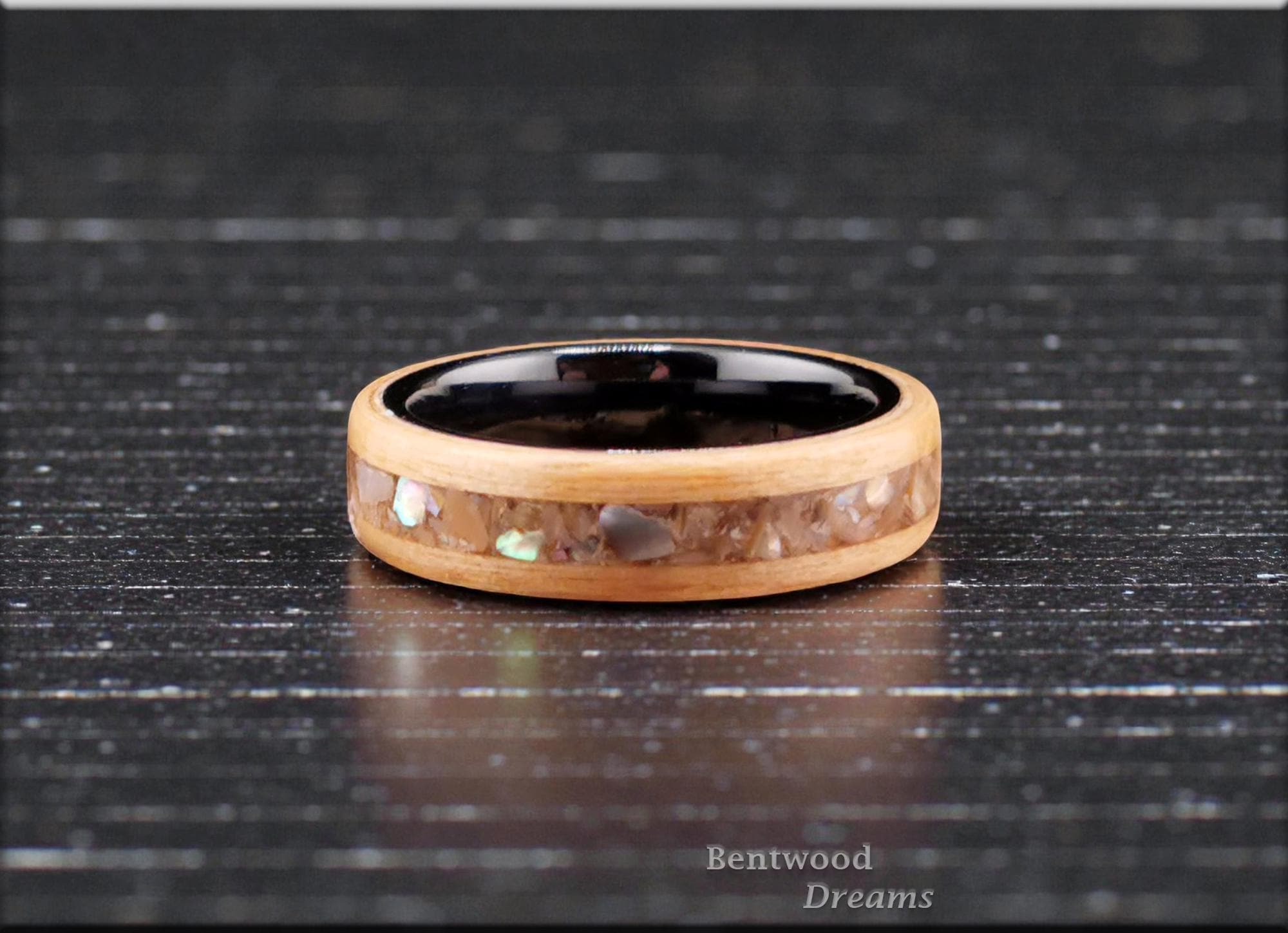Bentwood Ring: Swiss Aspen, inlaid Silver Abalone, Polished Black Ceramic core