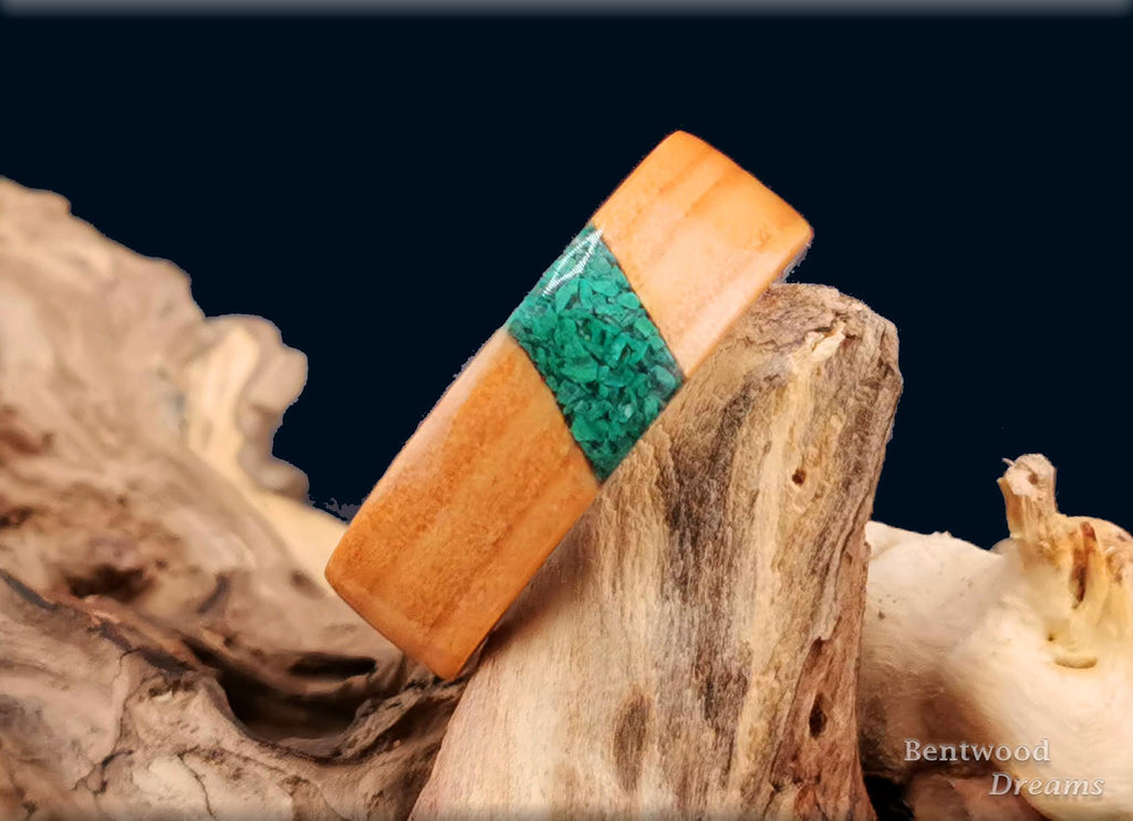 Bentwood Ring: Eurpean Larch, crosscut inlaid Malachite, Deer Antler core, wood ring