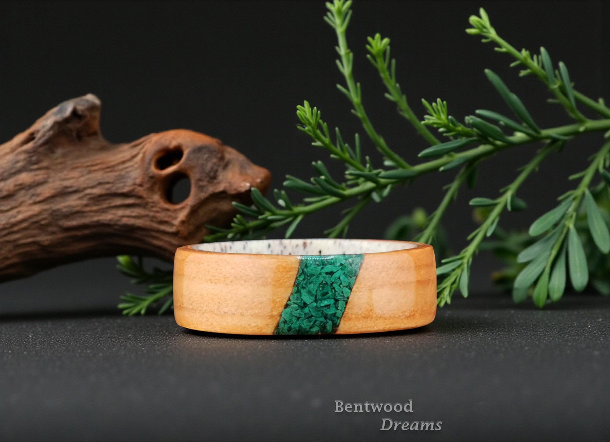 Bentwood Ring: Eurpean Larch, crosscut inlaid Malachite, Deer Antler core, wood ring