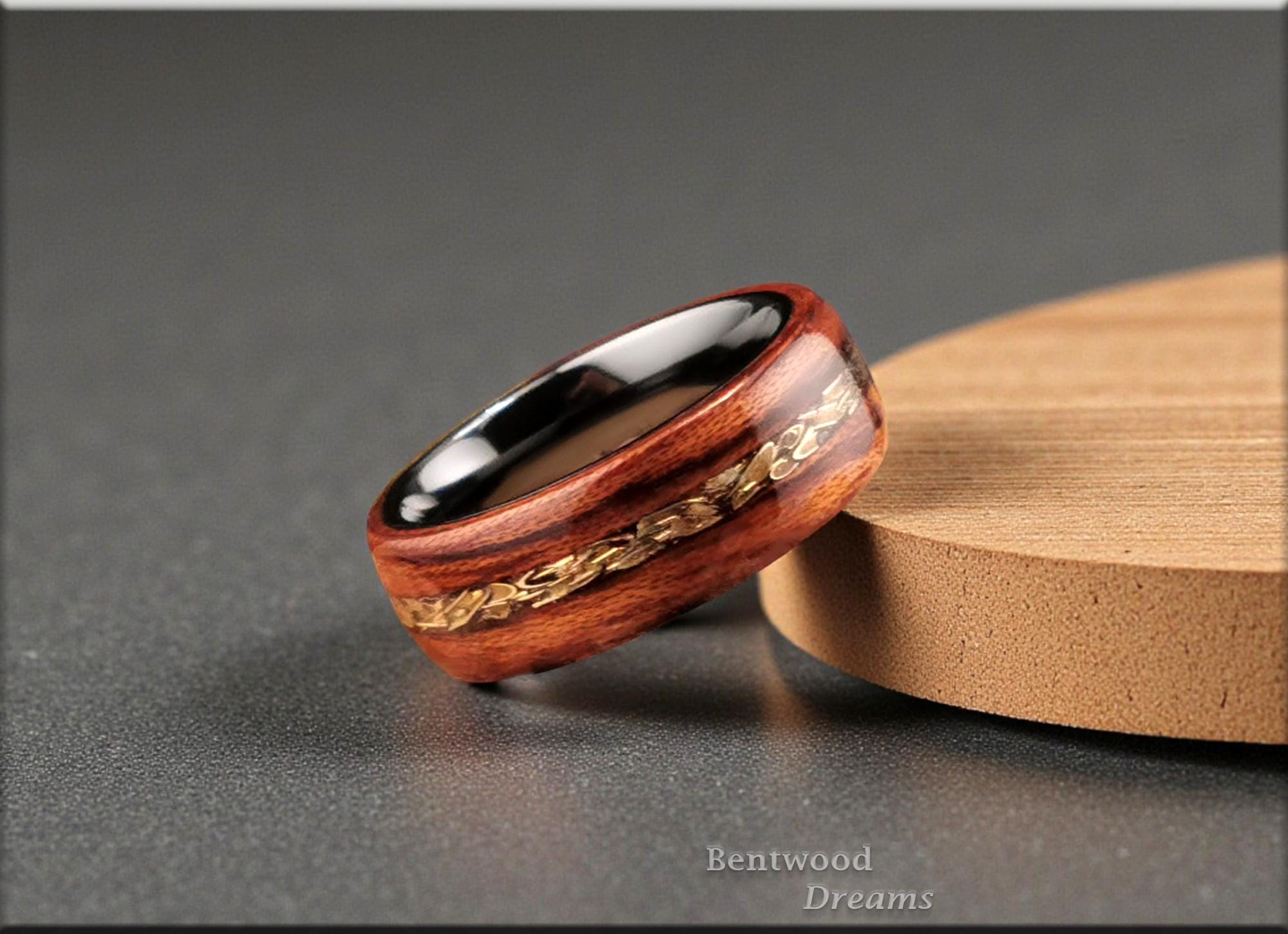 Bubinga Bentwood Ring: M41 Tank Shavings Inlay, Black Zirconium Core