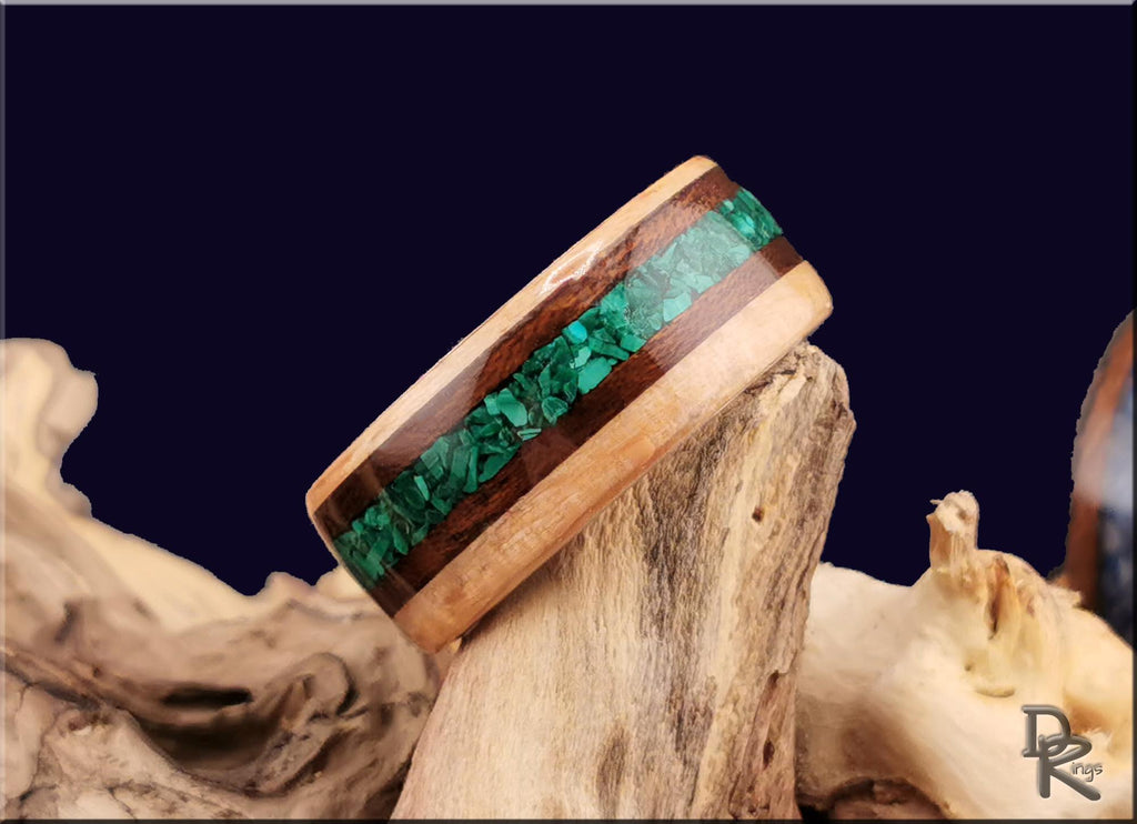 Bentwood Ring: Brownheart Beech, offset inlaid Smoked Etimoe and Malachite, Titanium core