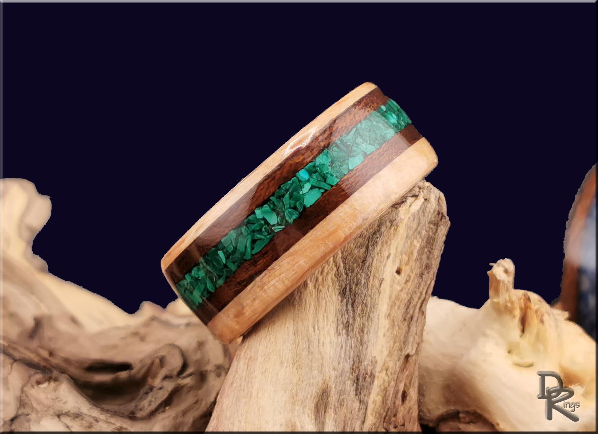 Bentwood Ring: Brownheart Beech, offset inlaid Smoked Etimoe and Malachite, Titanium core