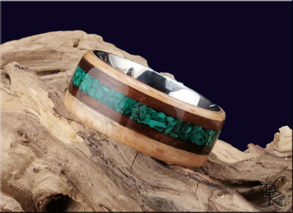 Bentwood Ring: Brownheart Beech, offset inlaid Smoked Etimoe and Malachite, Titanium core