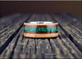 Bentwood Ring: Brownheart Beech, offset inlaid Smoked Etimoe and Malachite, Titanium core