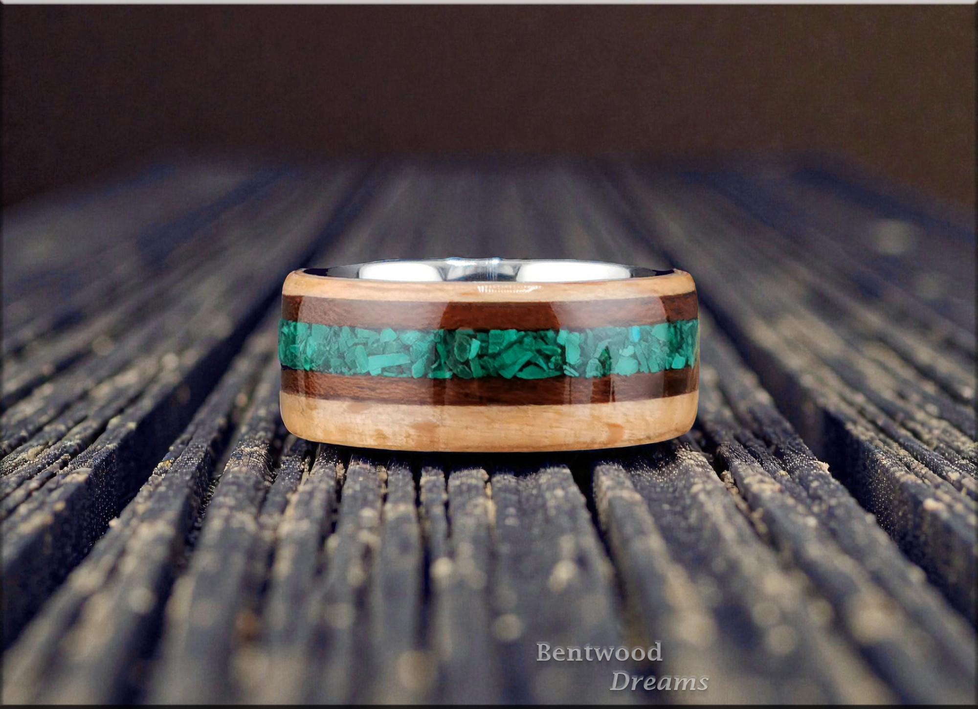 Bentwood Ring: Brownheart Beech, offset inlaid Smoked Etimoe and Malachite, Titanium core