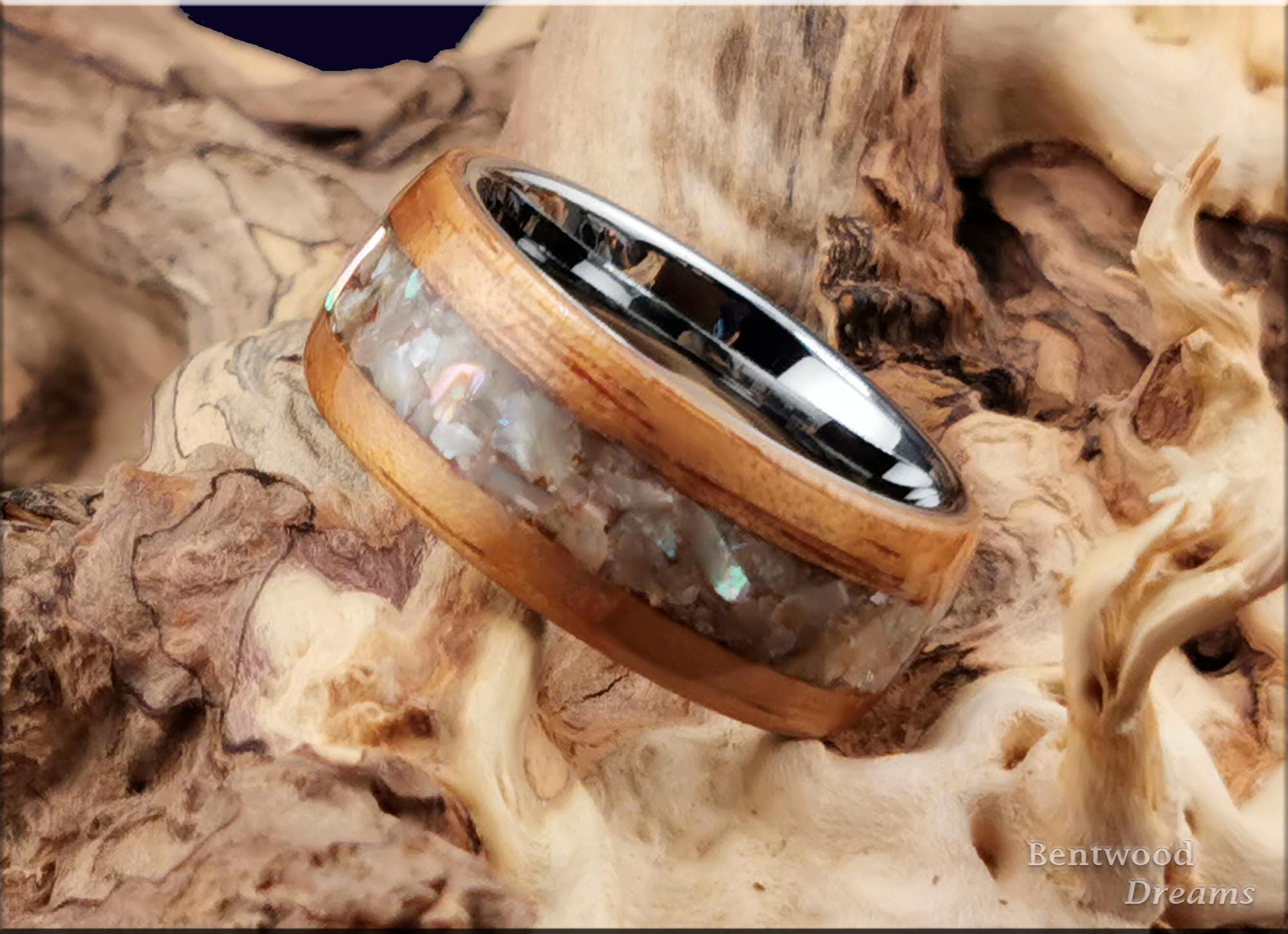 Bentwood Ring: Golden Hawaiian Koa, inlaid Abalone Shell, Tungsten core