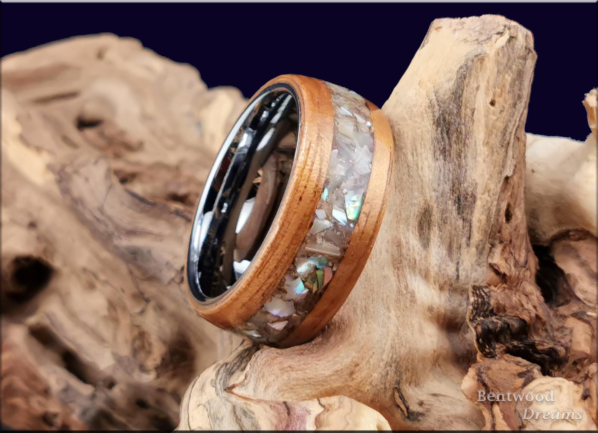 Bentwood Ring: Golden Hawaiian Koa, inlaid Abalone Shell, Tungsten core
