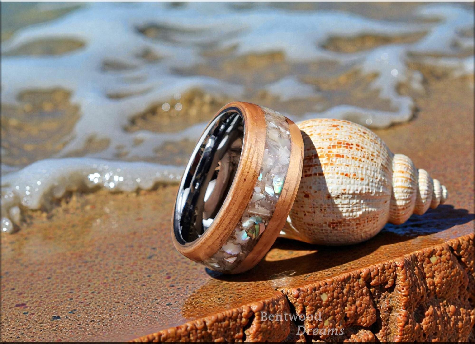 Bentwood Ring: Golden Hawaiian Koa, inlaid Abalone Shell, Tungsten core, Quick Ship