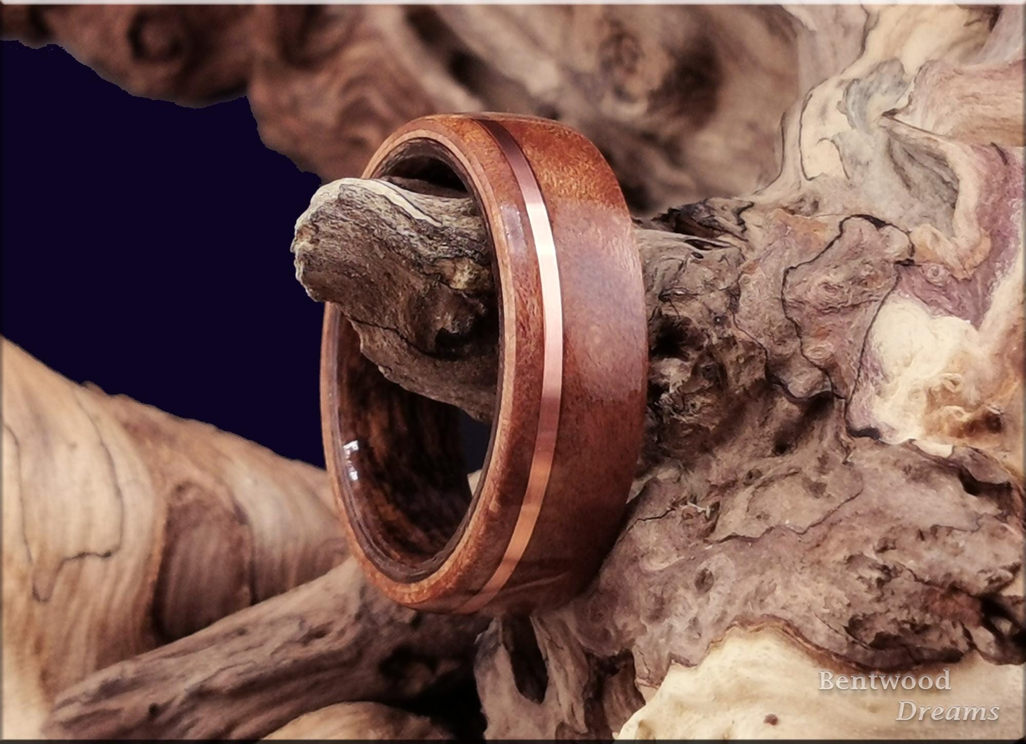 Bentwood Ring: Madrone Burl, offset inlaid Copper Wire, Louro Preto wood core