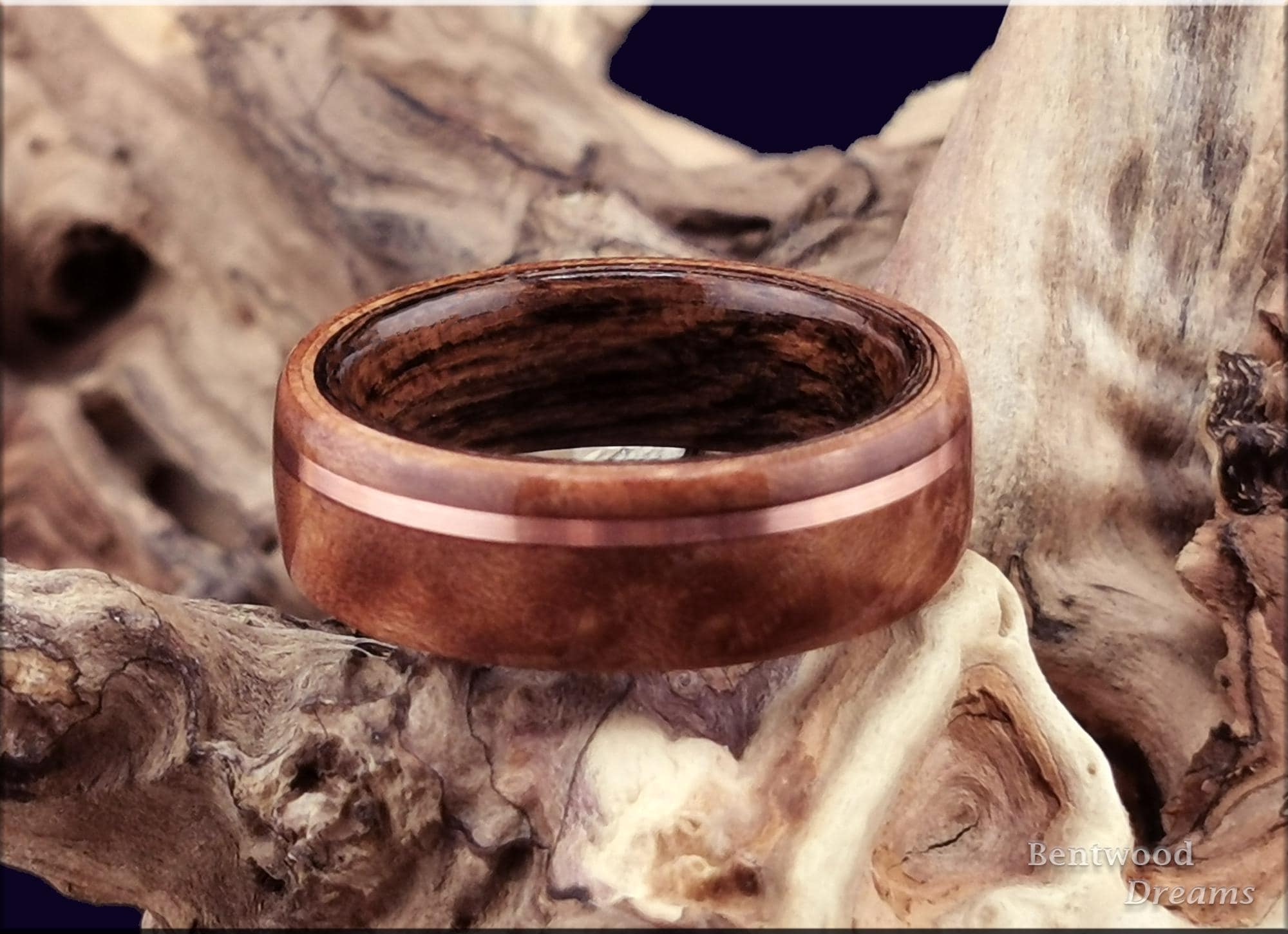 Bentwood Ring: Madrone Burl, offset inlaid Copper Wire, Louro Preto wood core