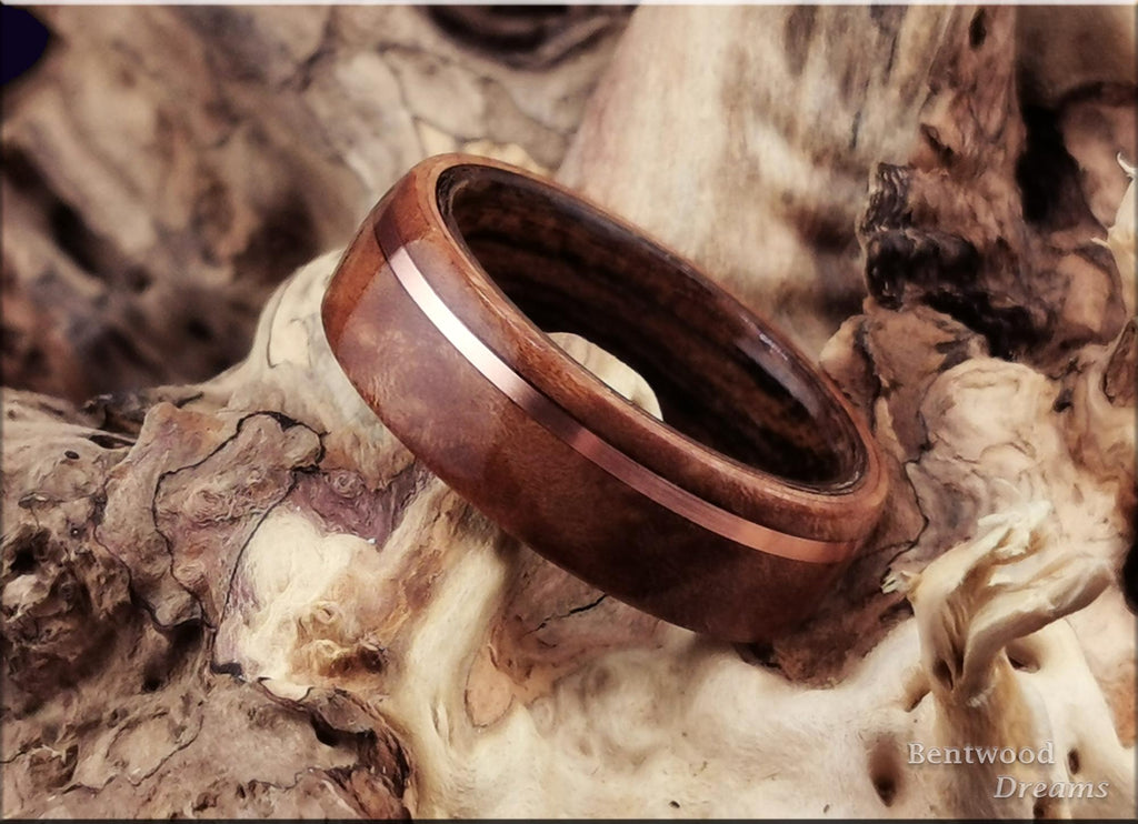 Bentwood Ring: Madrone Burl, offset inlaid Copper Wire, Louro Preto wood core