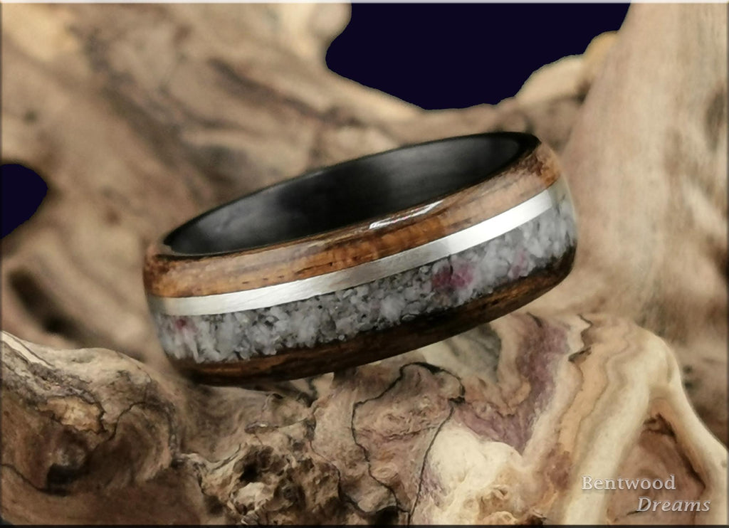 Bentwood Ring: Ovangkol, inlaid Madagascar Eudialyte and Silver Wire, Brushed Carbon Fiber core