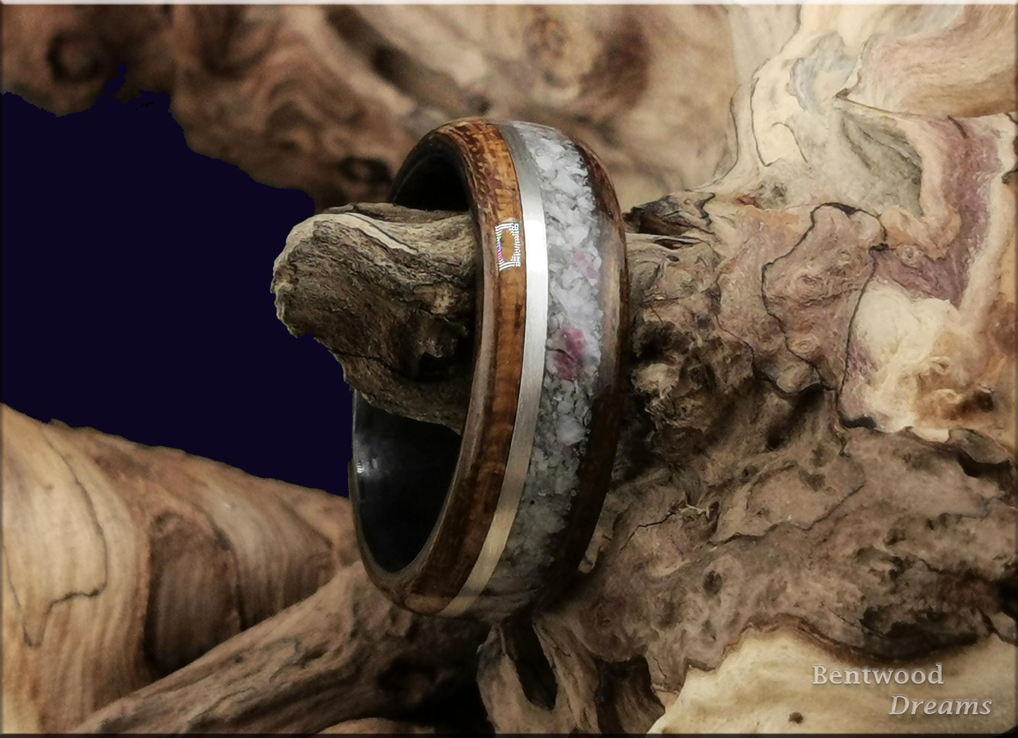 Bentwood Ring: Ovangkol, inlaid Madagascar Eudialyte and Silver Wire, Brushed Carbon Fiber core