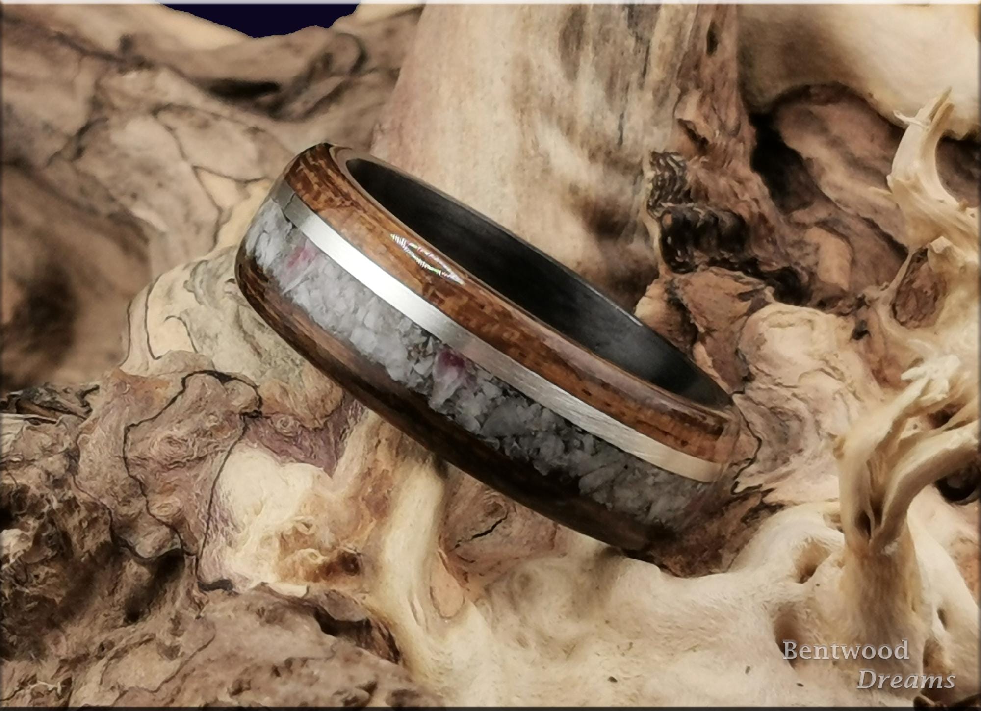 Bentwood Ring: Ovangkol, inlaid Madagascar Eudialyte and Silver Wire, Brushed Carbon Fiber core