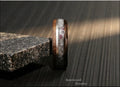 Bentwood Ring: Ovangkol, inlaid Madagascar Eudialyte and Silver Wire, Brushed Carbon Fiber core