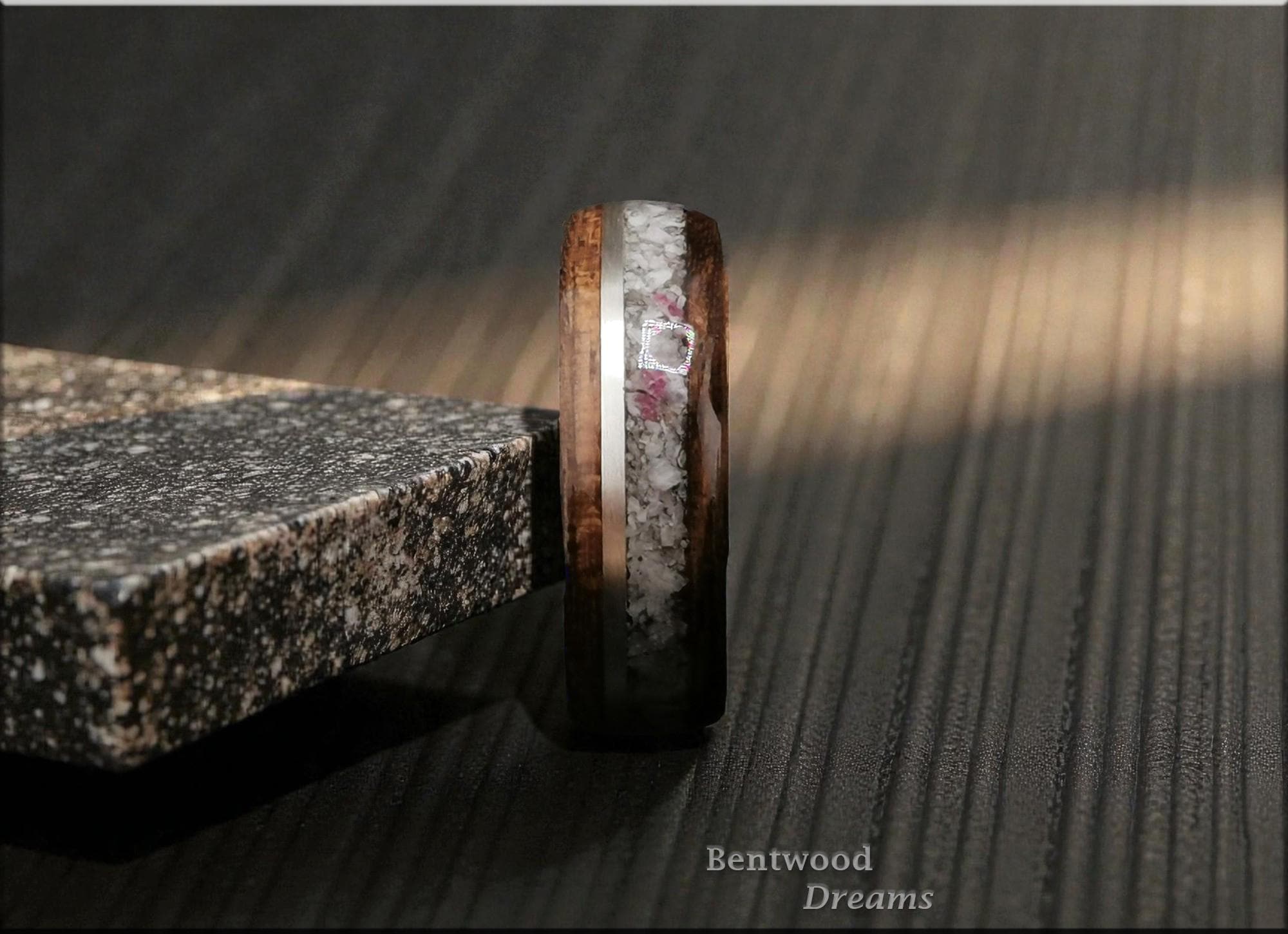Bentwood Ring: Ovangkol, inlaid Madagascar Eudialyte and Silver Wire, Brushed Carbon Fiber core
