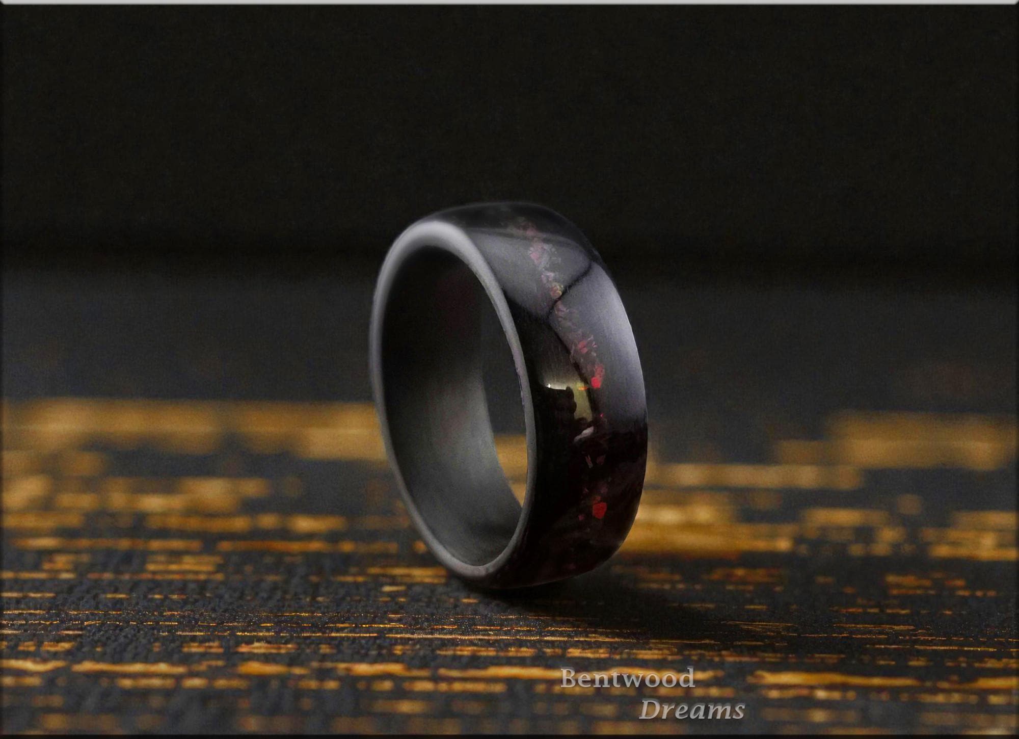 Black Birdseye Maple Bentwood Ring: Cultured Black Fire Opal, Carbon Fiber Core