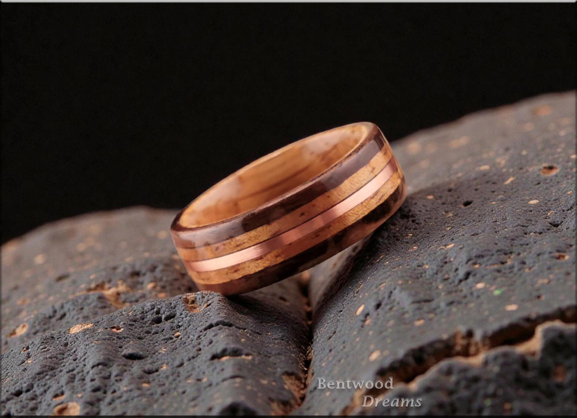 Bentwood Ring: Claro Walnut Burl, inlaid Koa and Copper Wire, Whisky Barrel core