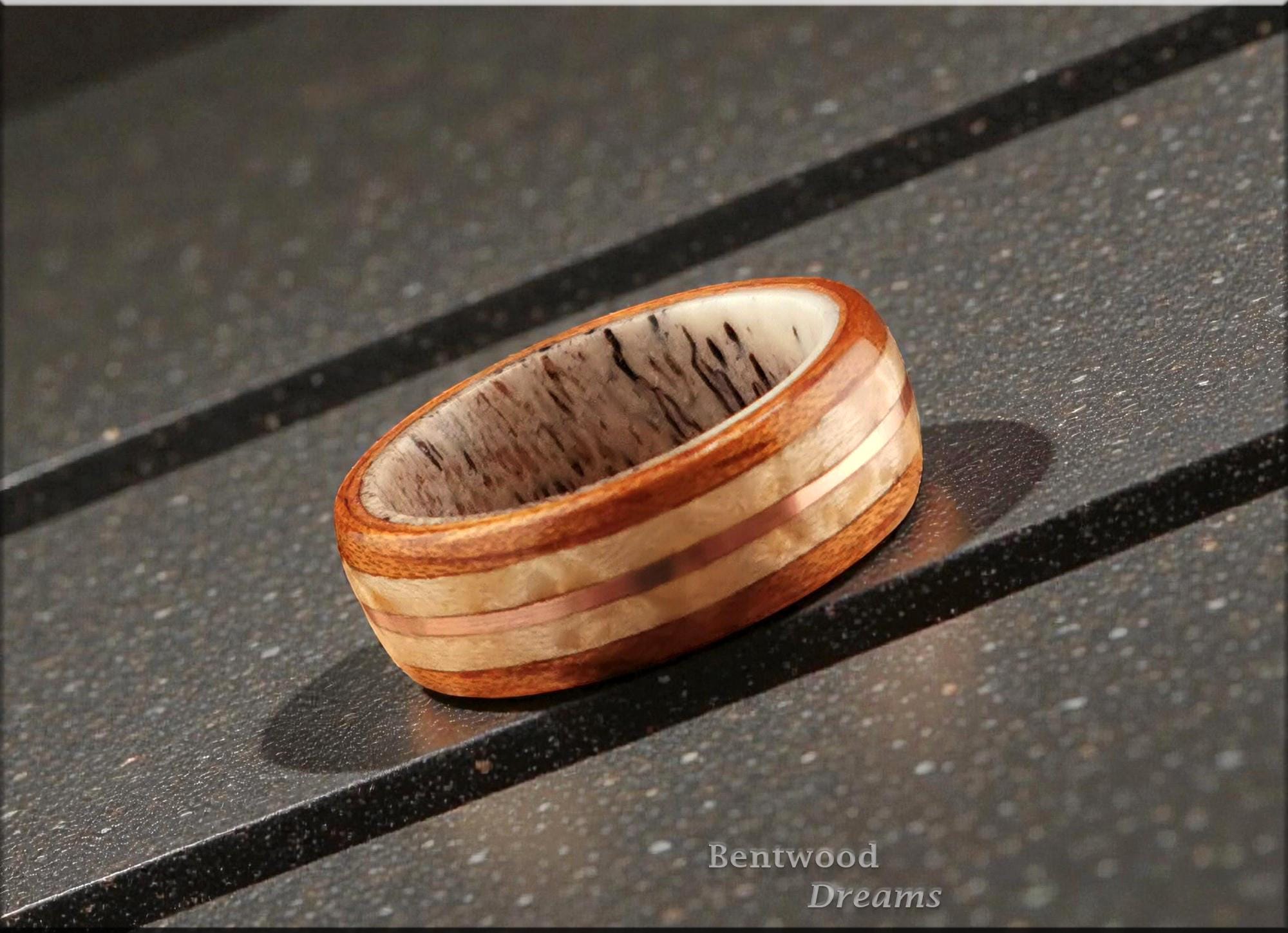 Bentwood Ring: Quartersawn Spanish Cedar, Birdseye Maple and Copper Wire, Deer Antler core