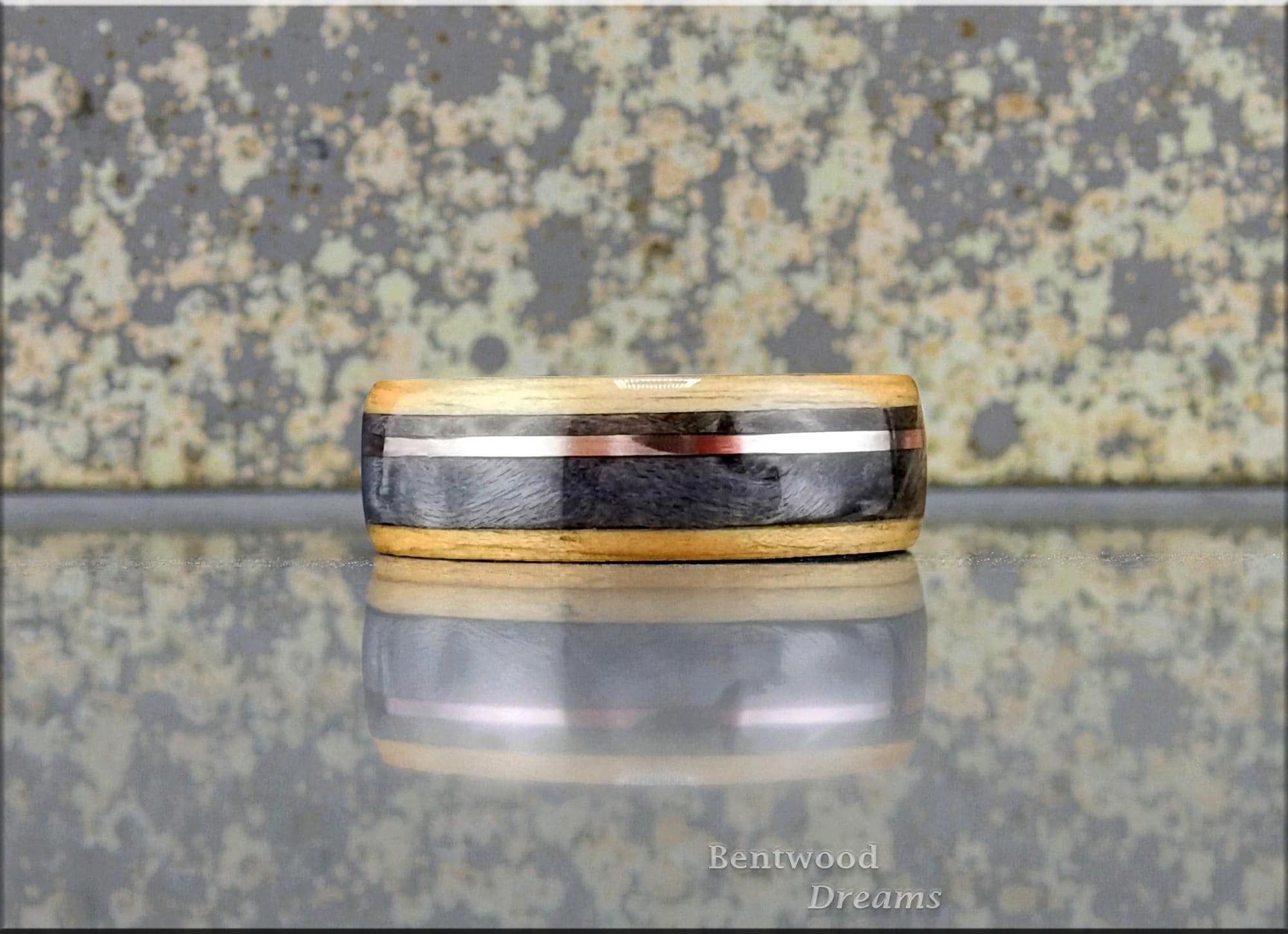Bentwood Ring: Rustic Chestnut, Grey Maple and offset Copper Wire, Black Ceramic core