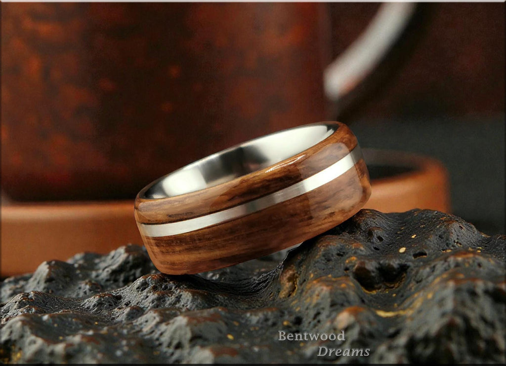 Bentwood Ring: English Brown Oak, offset inlaid Sterling Silver, Polished Titanium core