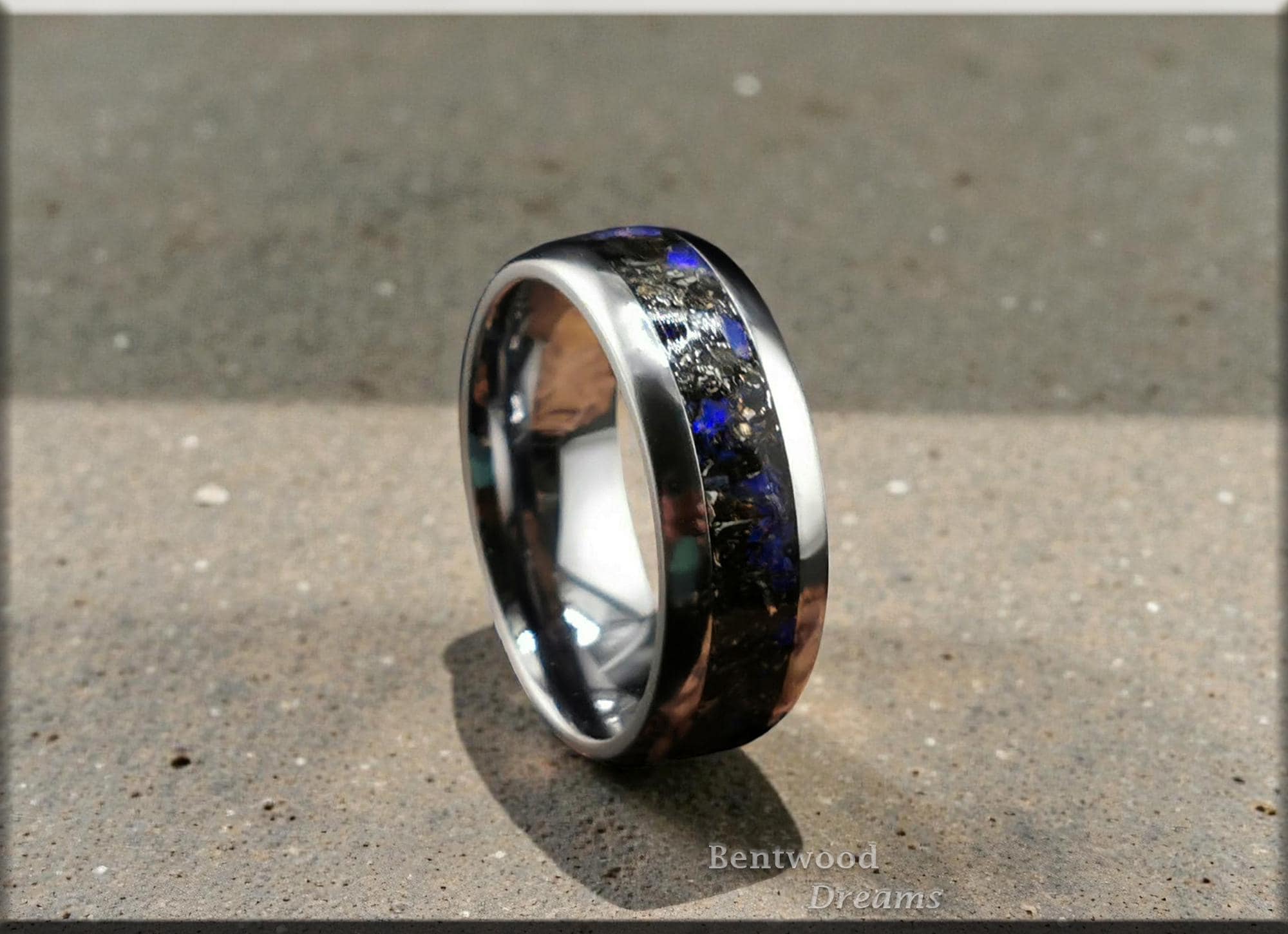 Tantalum Ring: inlaid Aletai Meteorite and Australian Coober Pedy Opal