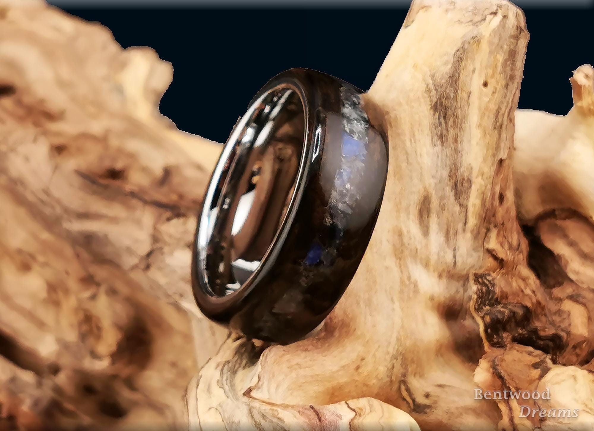 Bentwood Ring: Ziricote, inlaid Labradorite, Tungsten Carbide core, Artisan ring