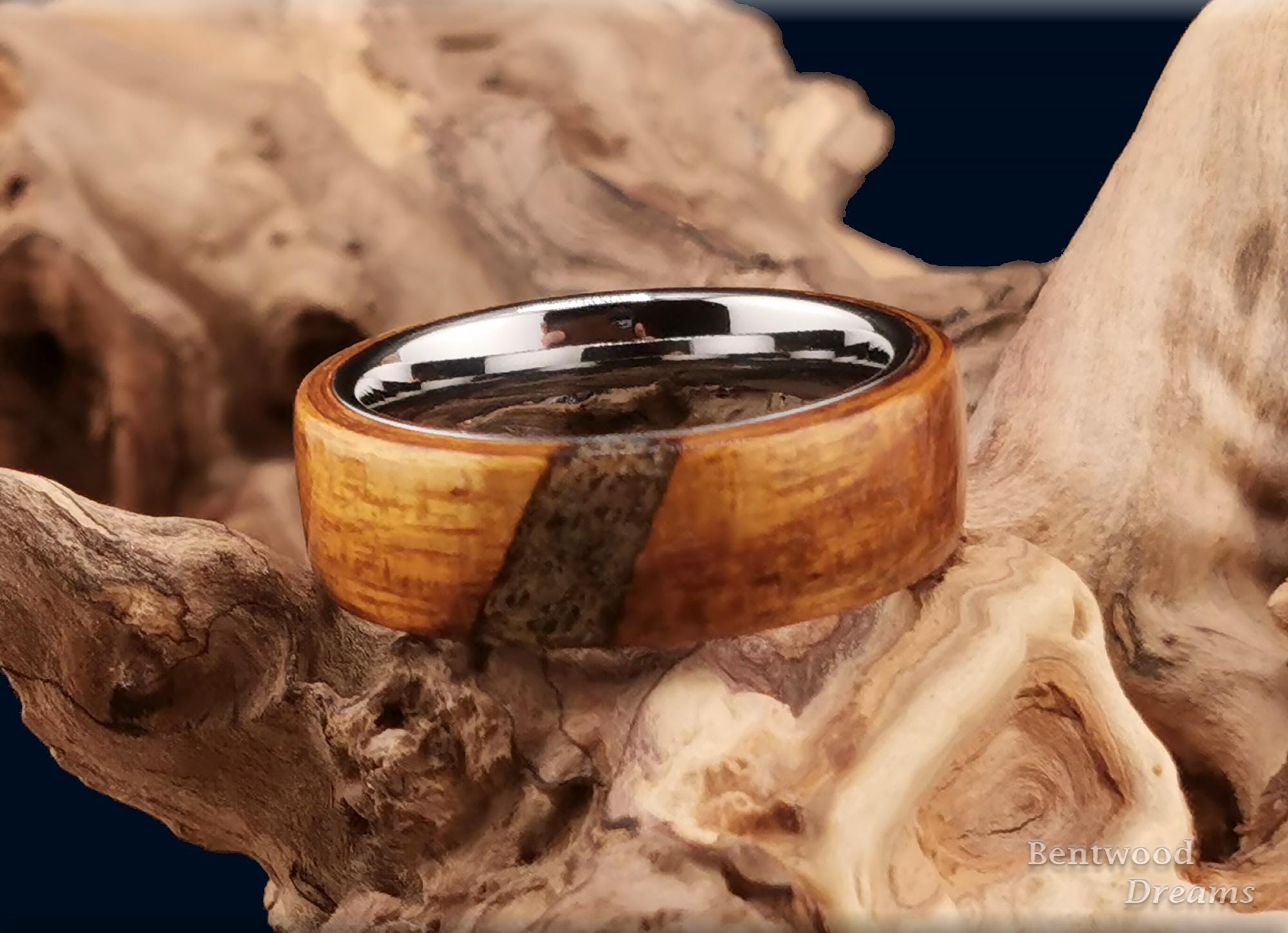 Bentwood Ring: Ako, crosscut inlaid Bison Antiquus Bone, Polished Tungsten Carbide core, wood ring