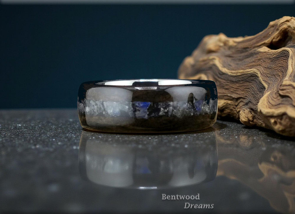 Bentwood Ring: Ziricote, inlaid Labradorite, Tungsten Carbide core, Quick Ship