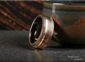 Bentwood Ring: Harborica, offset inlaid Silver Wire, Black Ceramic core, wood ring