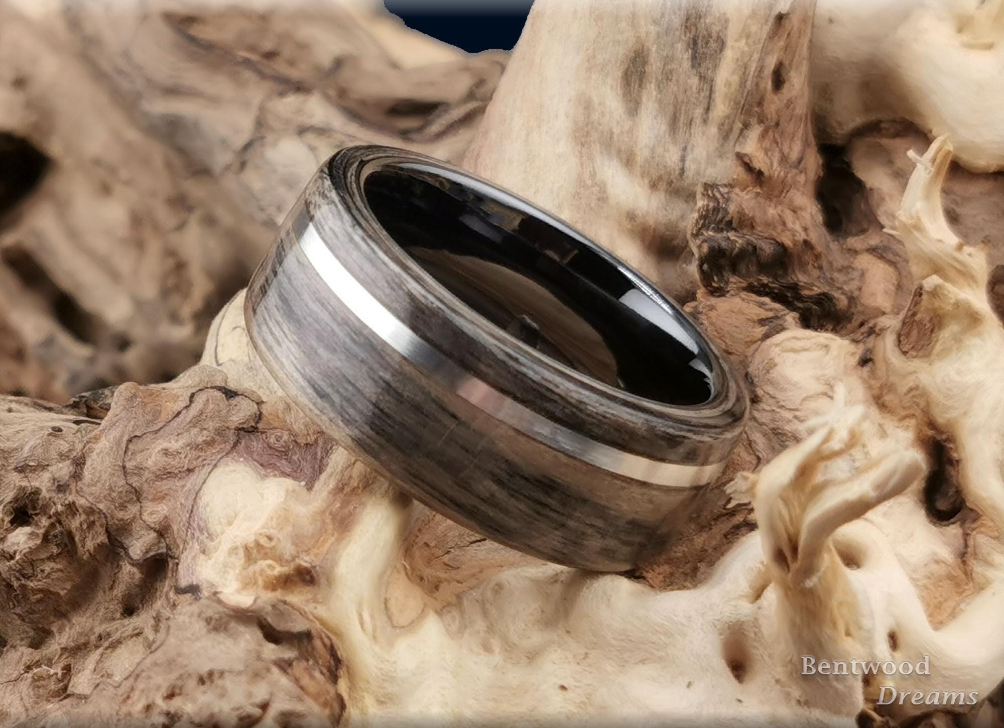 Bentwood Ring: Harborica, offset inlaid Silver Wire, Black Ceramic core, wood ring